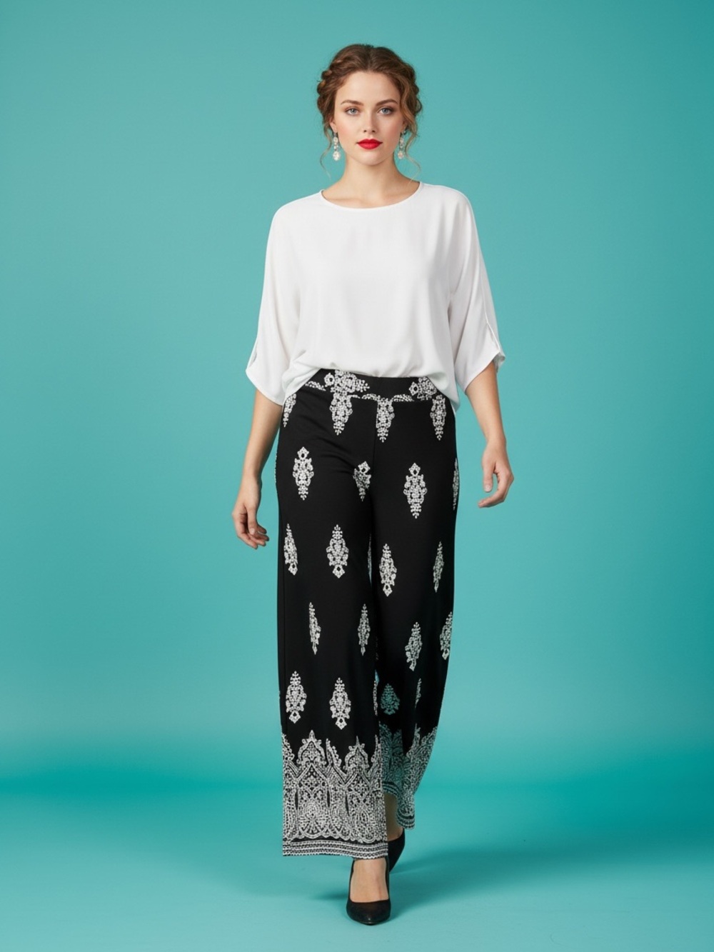 Roz & Ali Black White Wide Leg Elastic Waist Pull On Pants Size L Petite